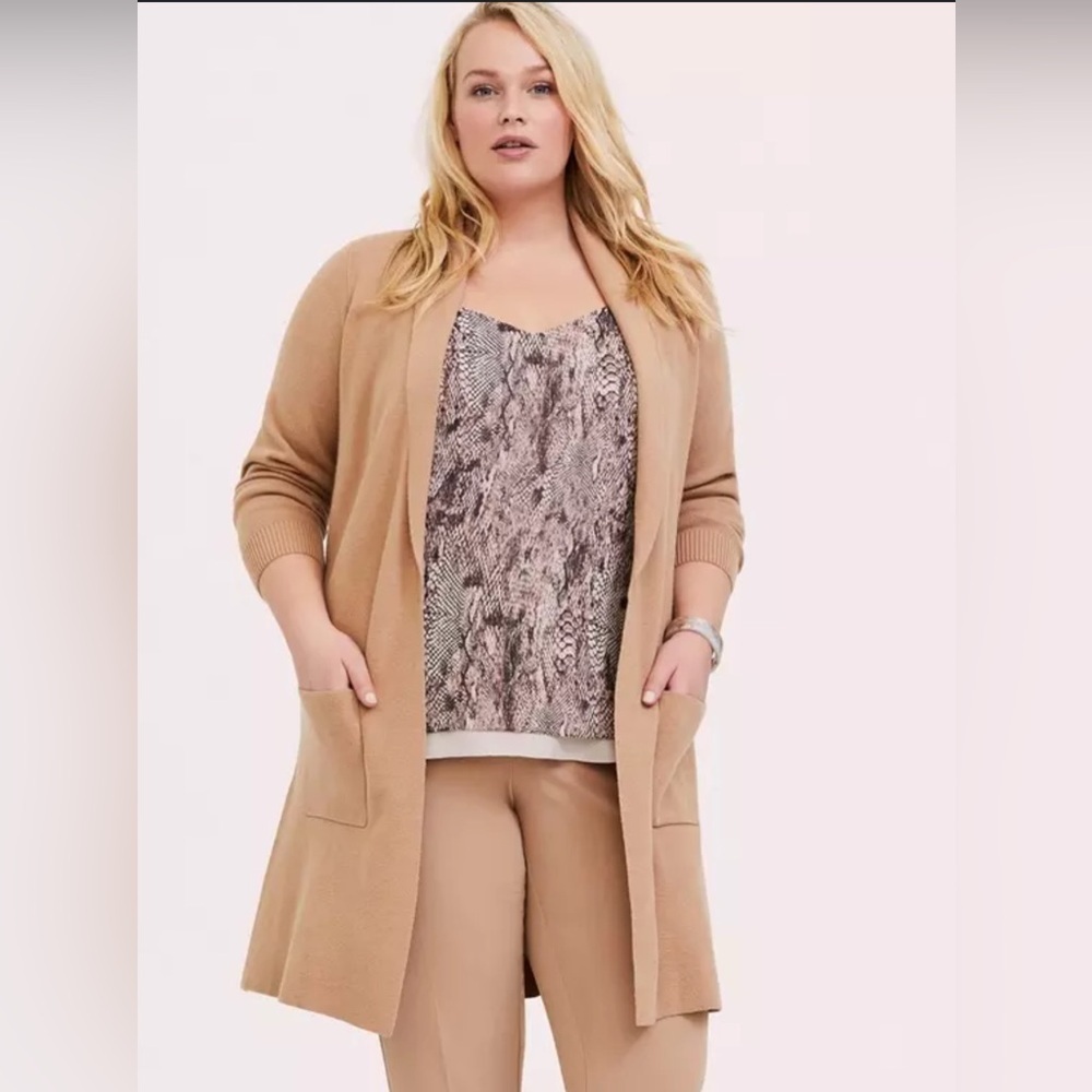 Torrid Coatigan Collared Open Front Sweater Size 2 (2xl) Long Sleeve Camel Color